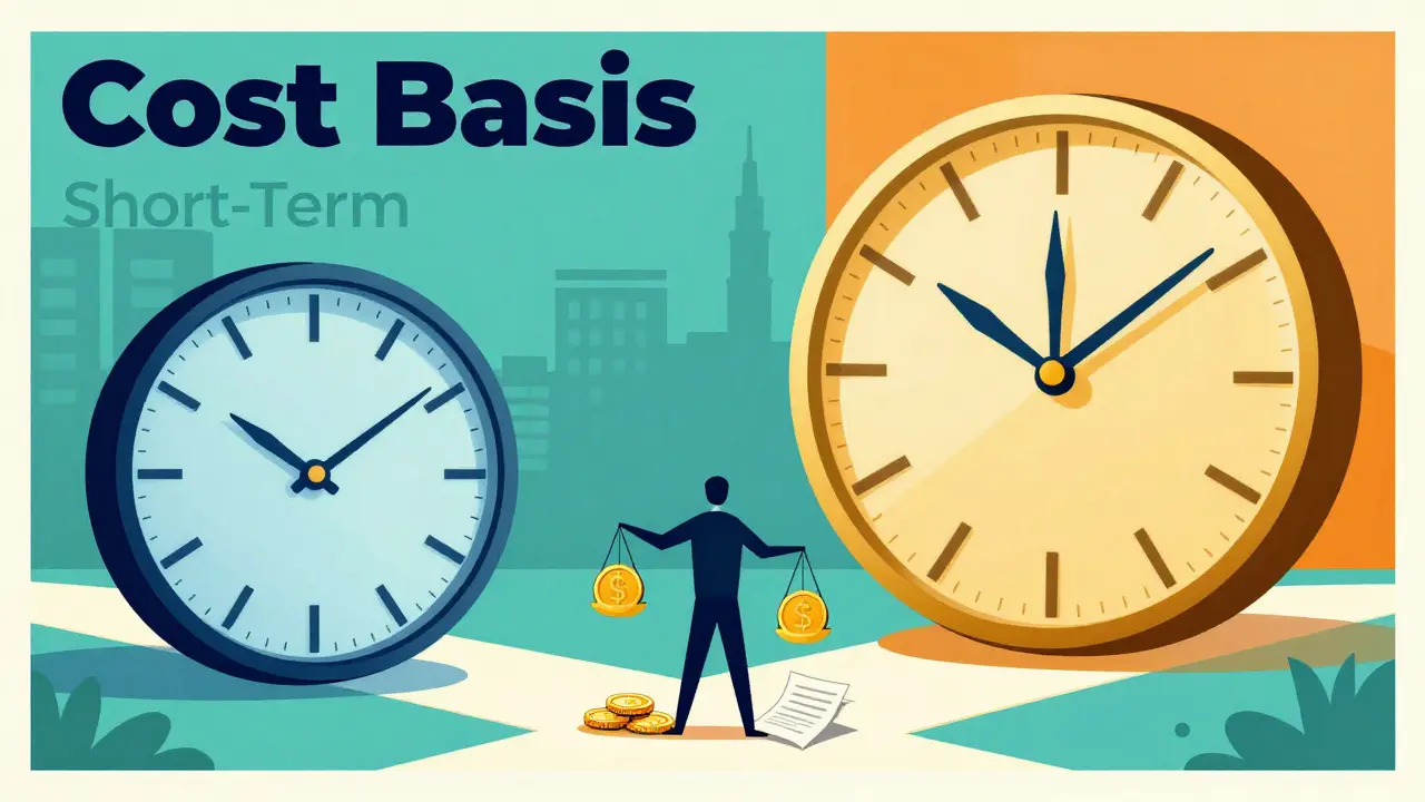 Abstract clocks and scales illustrating short vs long term crypto tax strategies