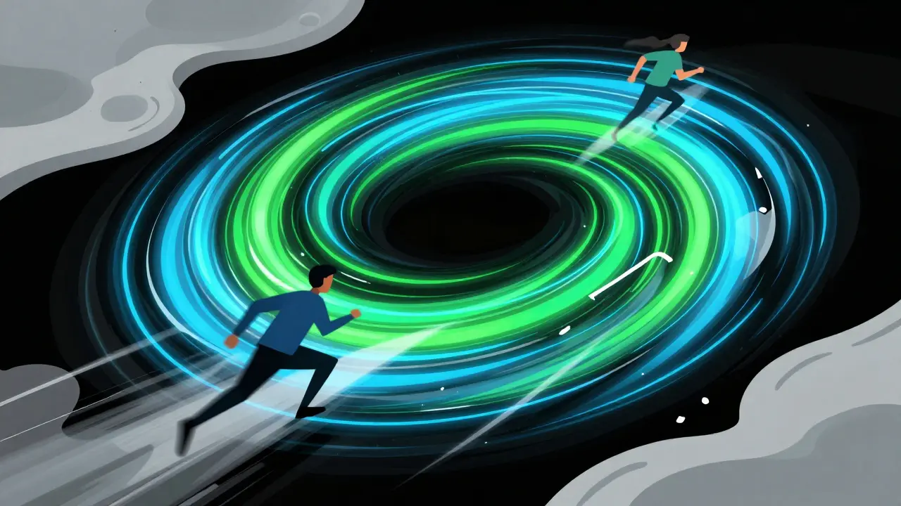 Abstract neon vortex of order books showing fast crypto trading execution