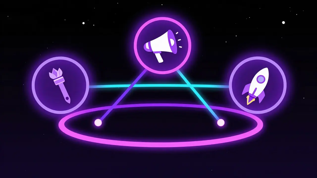 Abstract Polish poster style depiction of three interconnected creative portals in a dark void
