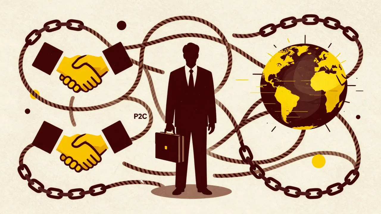 Abstract web of ropes linking P2P, brokers, and VPN icons