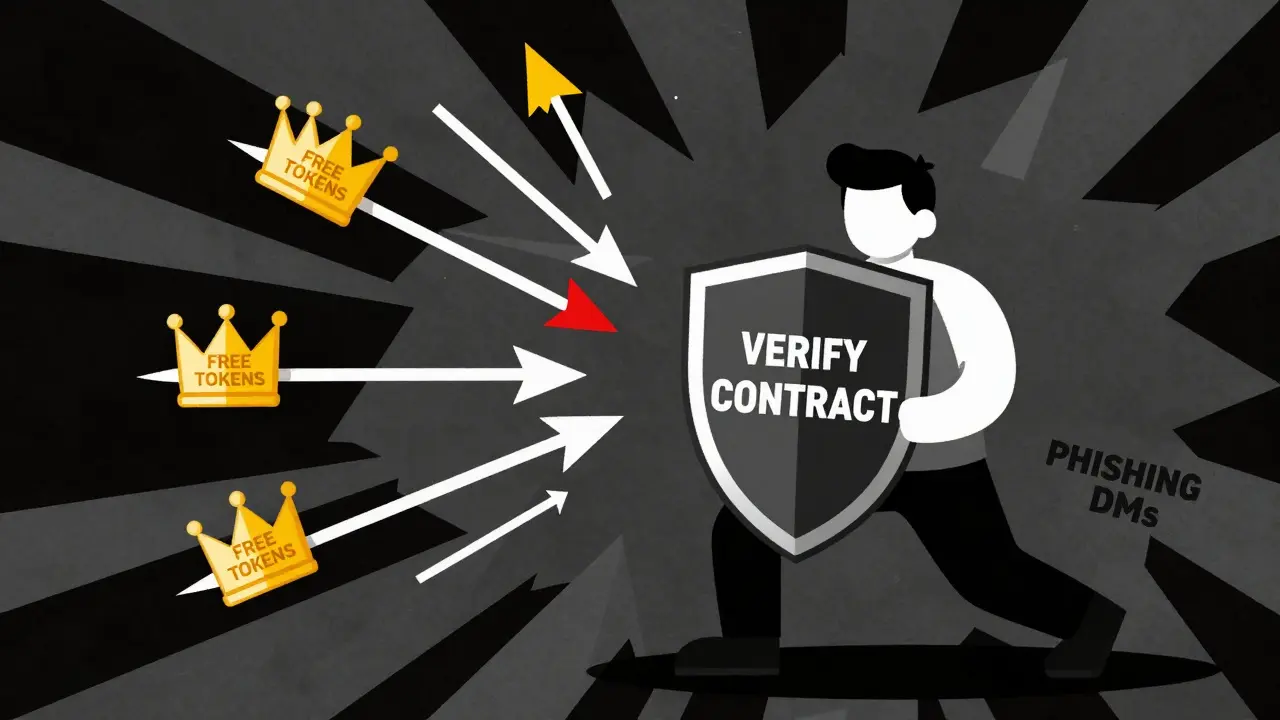 Allegorical image of a defender blocking fake token arrows with a verification shield, highlighting crypto security risks, in Polish Poster School style.