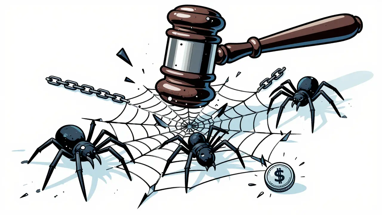 Artistic depiction of a giant gavel smashing a web of criminal networks.