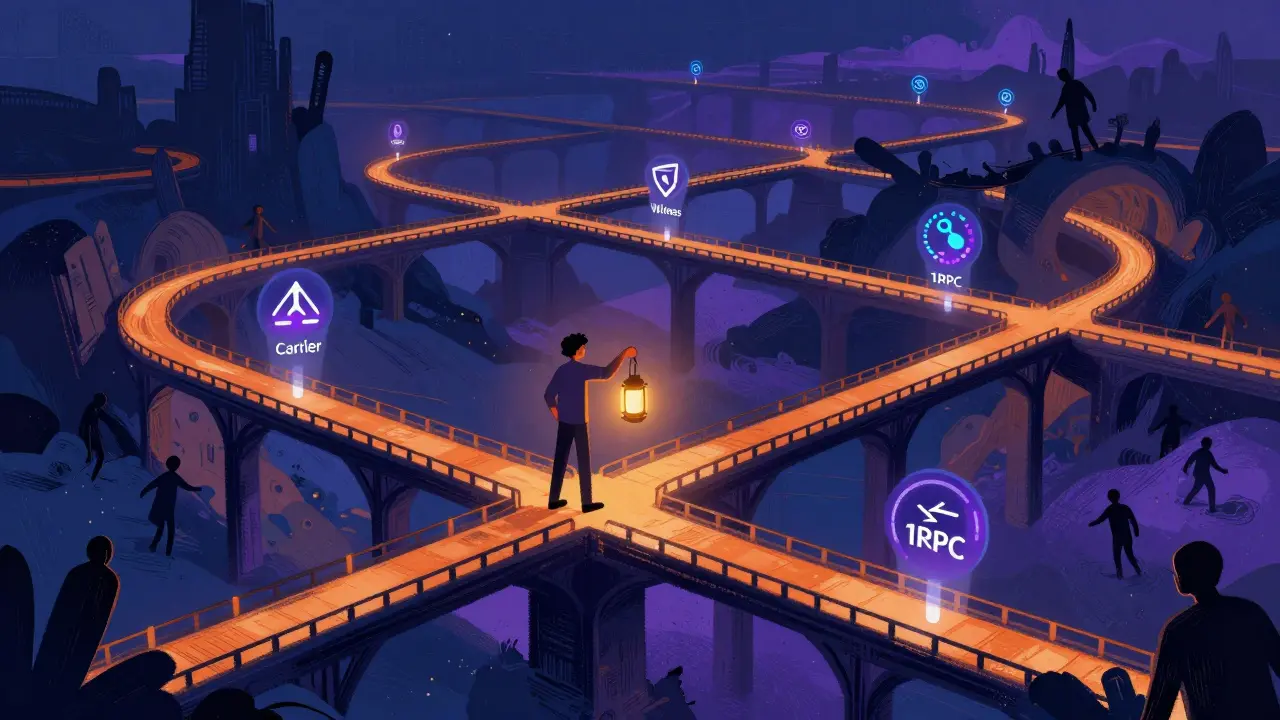 Character crossing glowing bridges, illustrating safe crypto ecosystem usage.