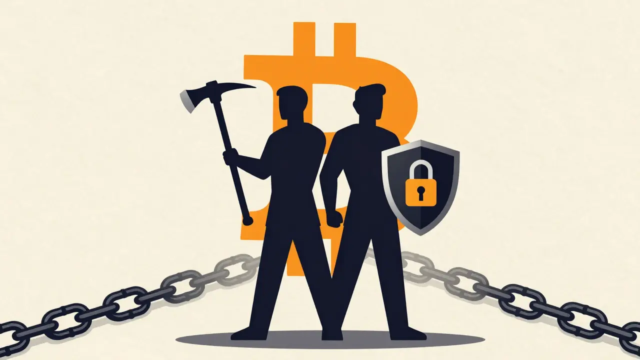 Founders silhouettes anchoring security to Bitcoin blockchain