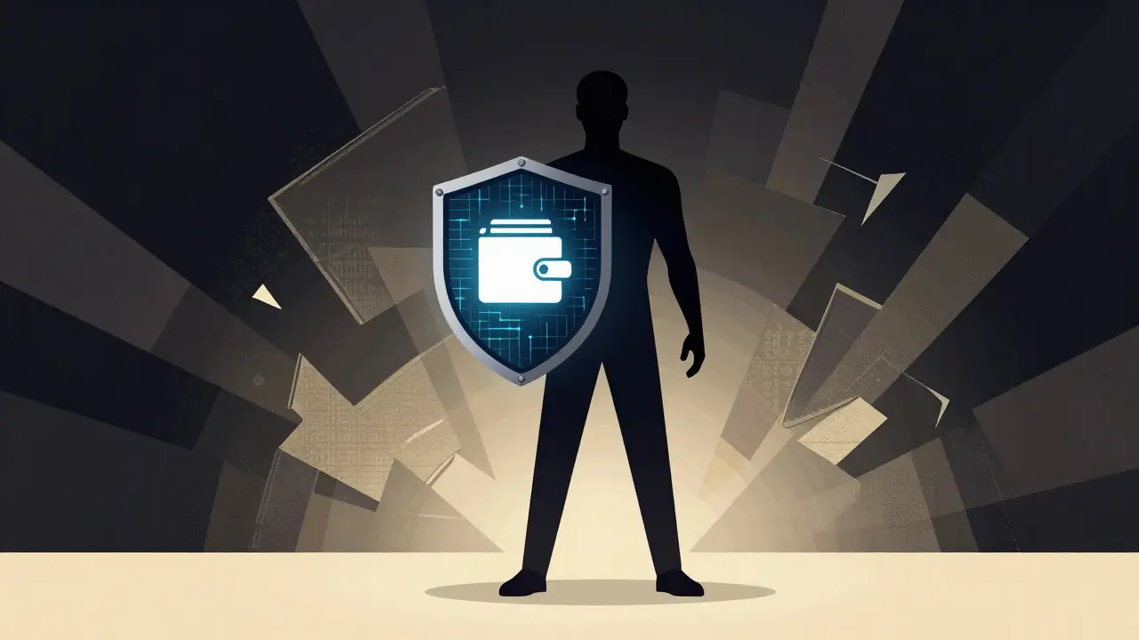 Graphic art of a figure holding a shield against digital threats