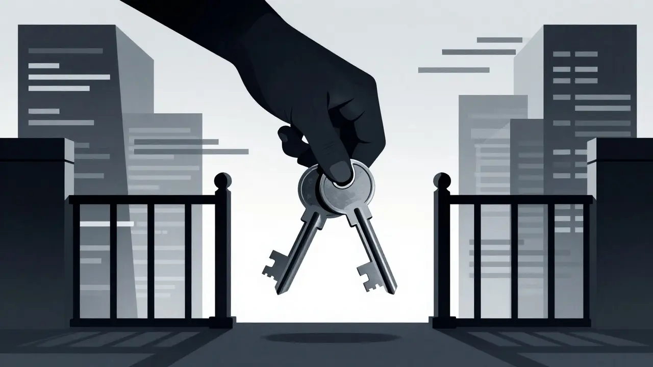 Graphic art of a giant hand holding keys controlling a blockchain gateway