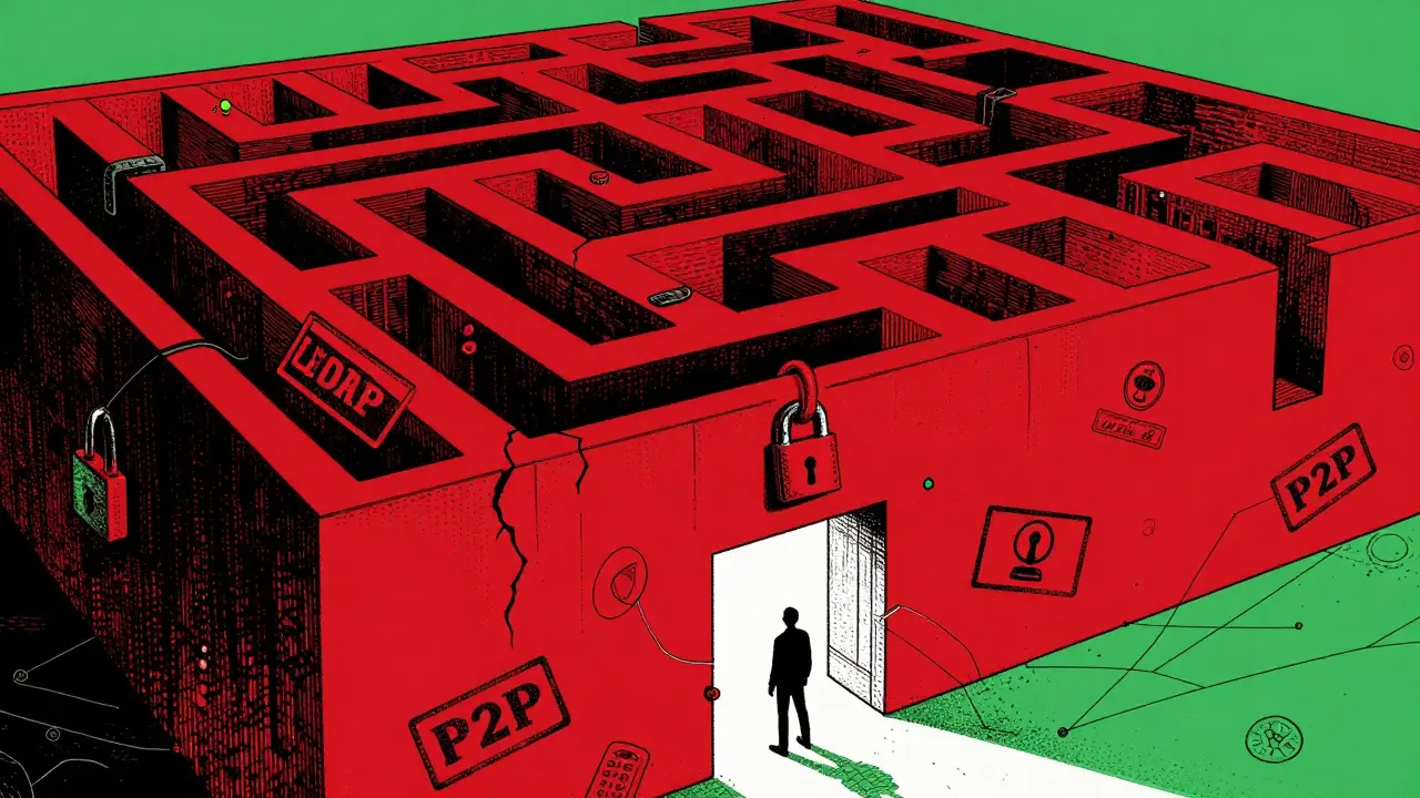 Graphic art of a person facing a maze of red tape and locks representing crypto regulation
