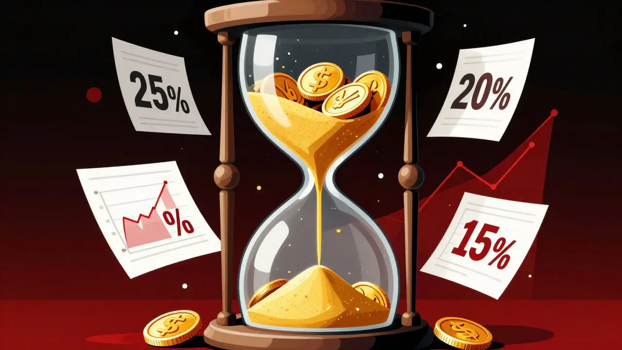 Graphic art of an hourglass with tokens, symbolizing vesting schedules.