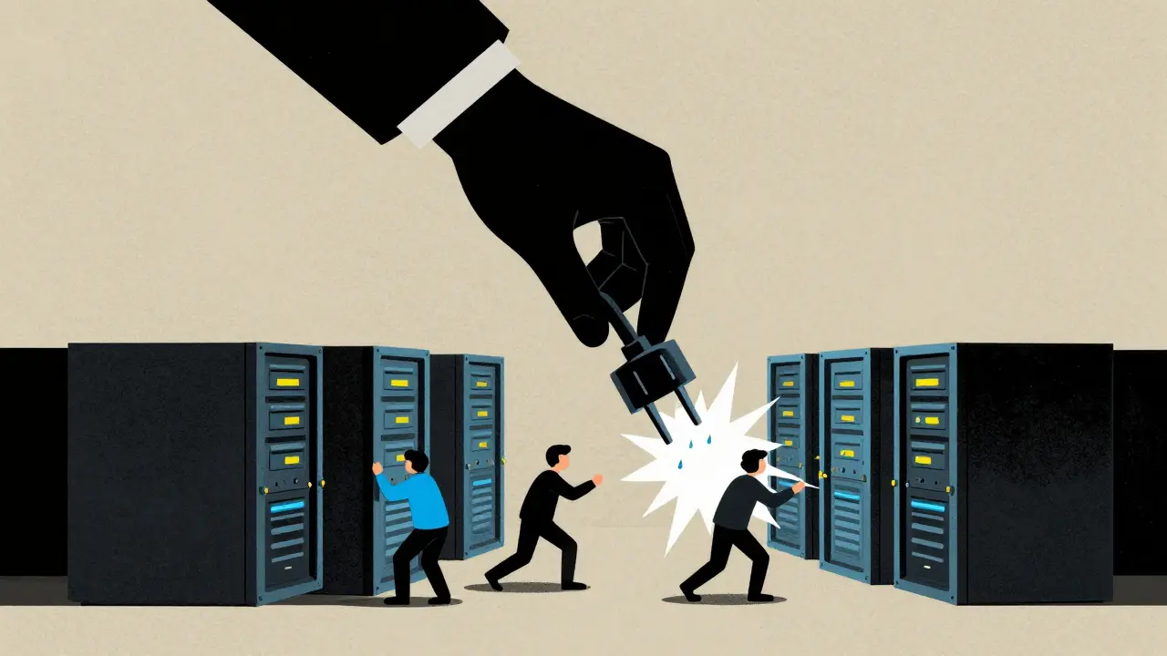 Graphic art showing a large hand unplugging crypto mining servers, leaving small operators behind in a tense scene.