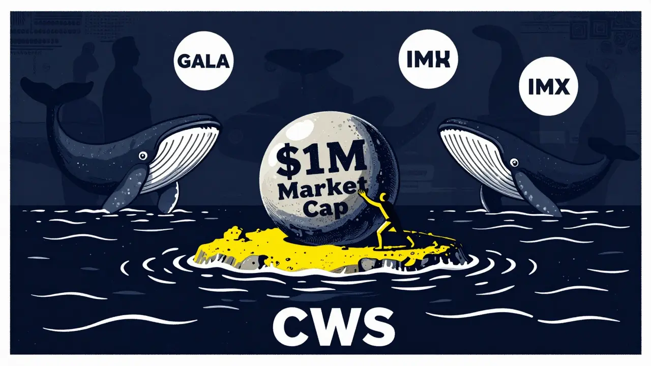 Graphic depiction of a small island struggling under the weight of low market cap, surrounded by shadows of larger tokens, in Polish Poster School style.