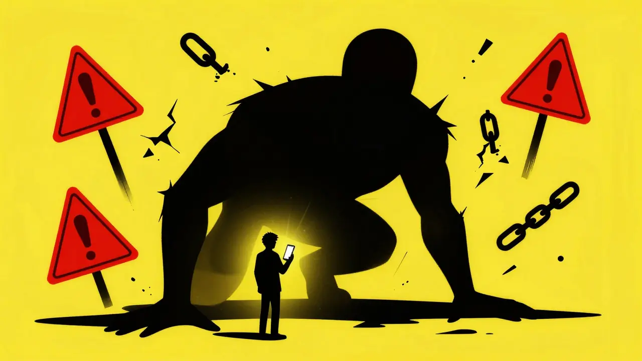 Graphic poster showing a shadowy threat looming over a crypto investor