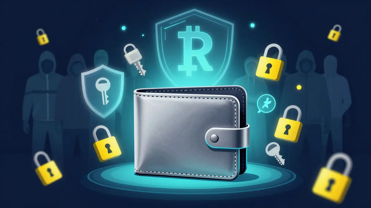 Hardware wallet with security shields and futuristic currency symbols