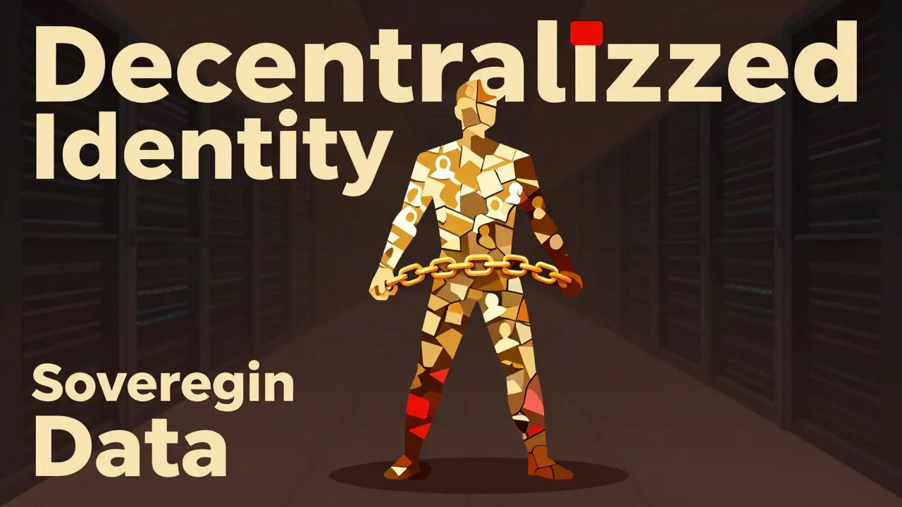 Human silhouette made of data fragments bound by a golden ring, symbolizing decentralized identity.