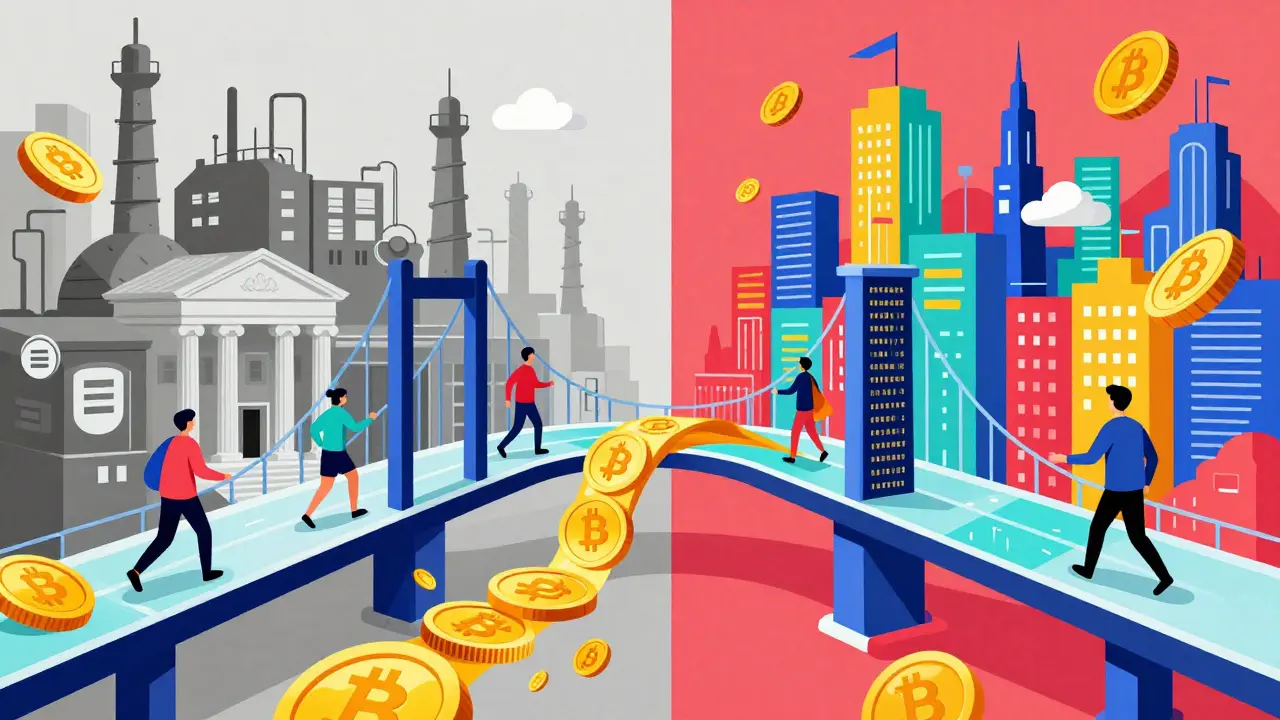 Illustration of a digital bridge connecting traditional finance to a vibrant crypto future
