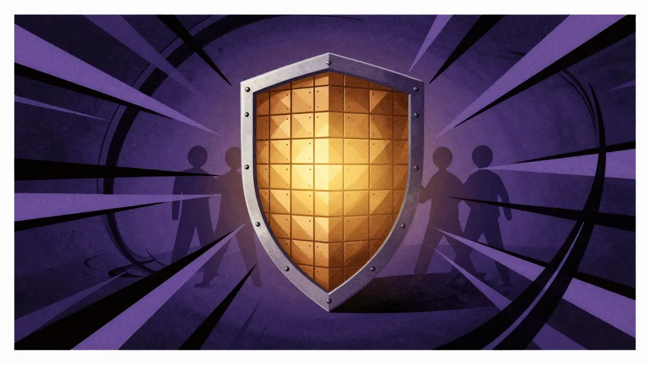Illustration of a geometric shield protecting assets from chaotic attacks