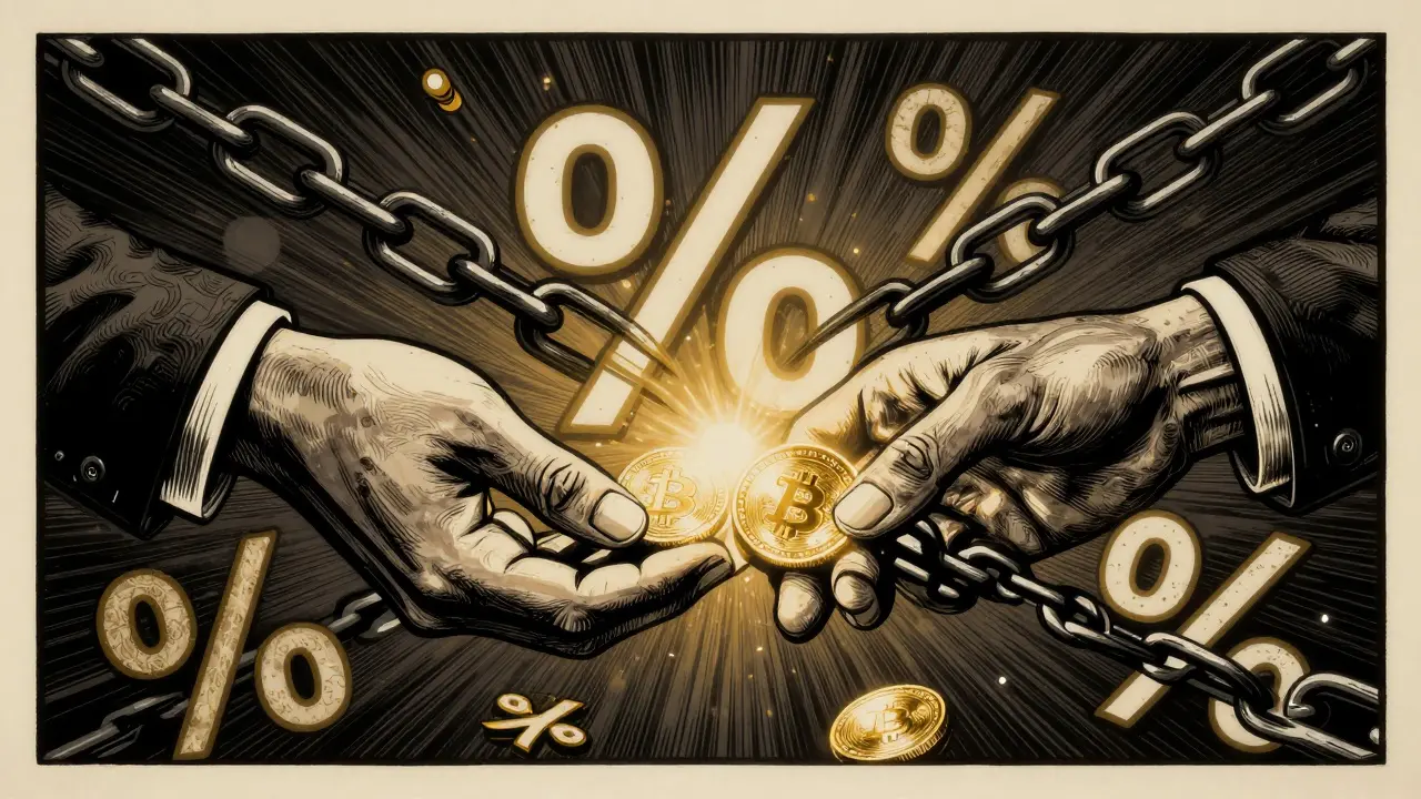 Illustration of hands exchanging tokens hindered by heavy regulatory chains