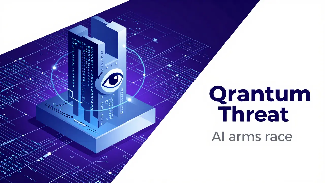 Mechanical eye scanning a cryptographic web under a looming quantum structure, representing AI security threats.