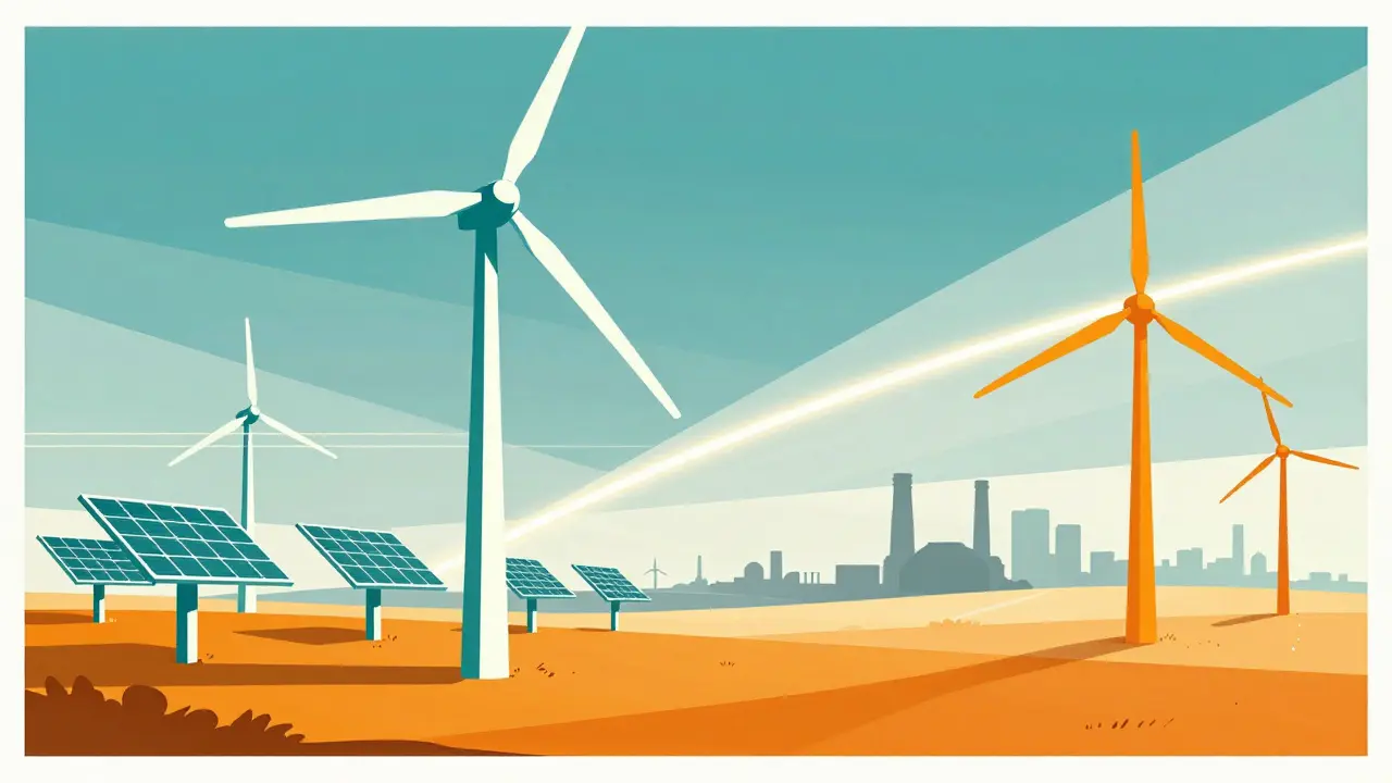 Modernist illustration of wind turbines and solar panels rising over a steppe, replacing fading coal plant silhouettes.