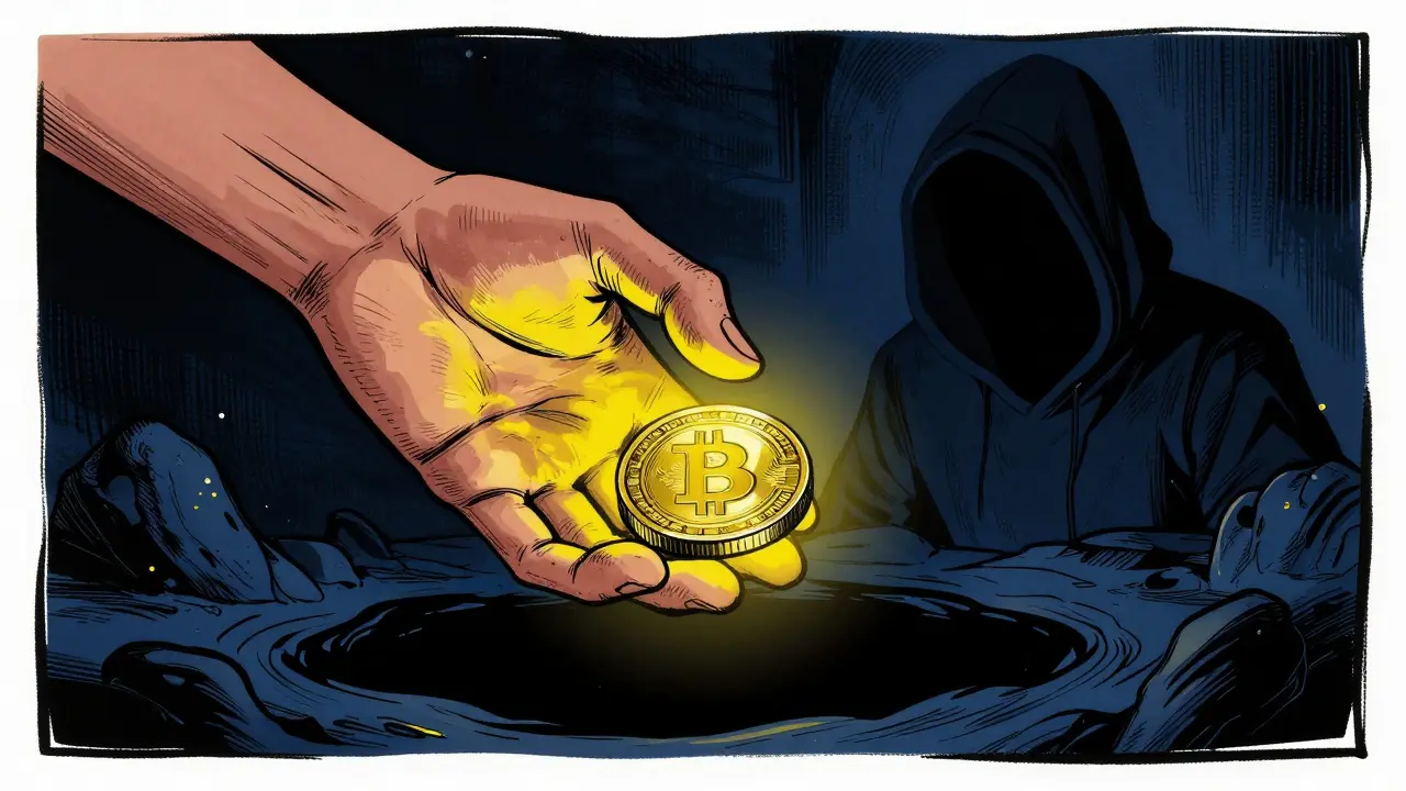 Ominous hand offering fake crypto coin