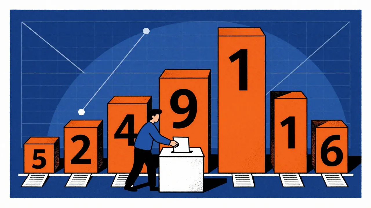 Person casting increasingly heavy vote blocks in graphic illustration