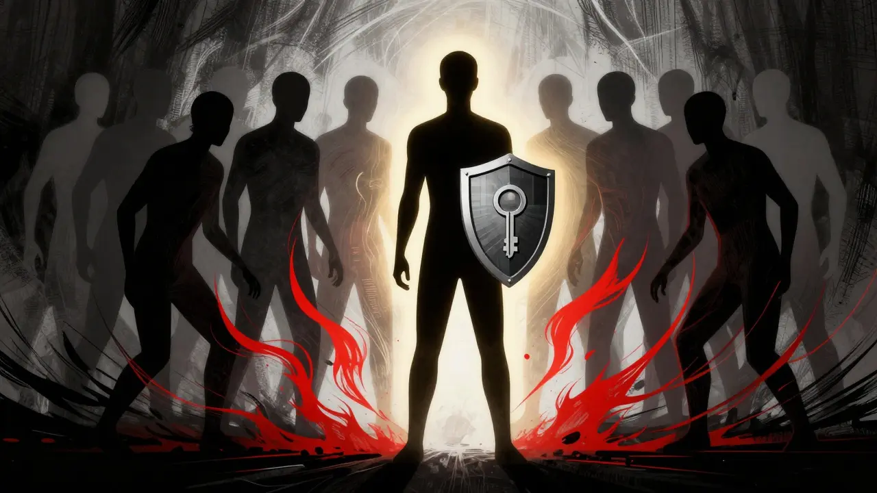 Single verified user blocking faceless duplicates in bold art style
