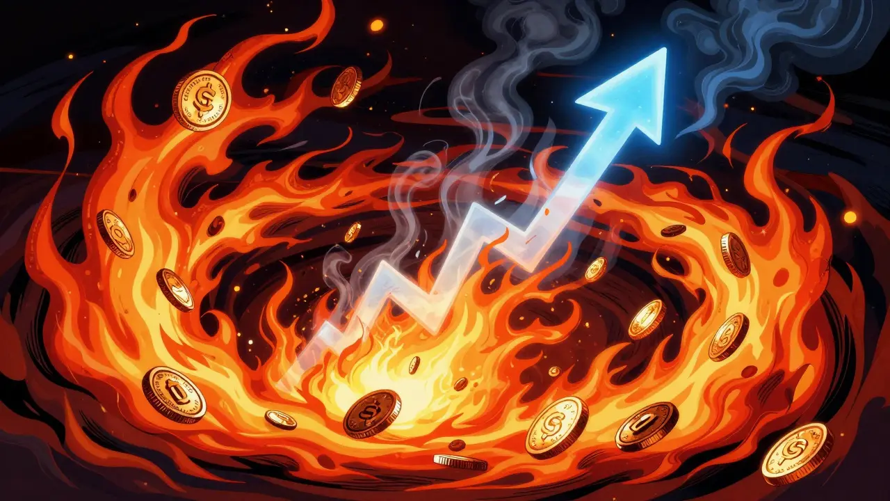 Stylized depiction of tokens burning in a vortex to increase value.