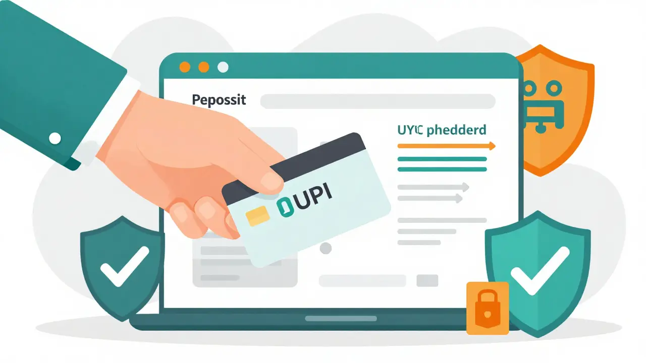 Stylized hand holding ID cards merging with digital payment icons