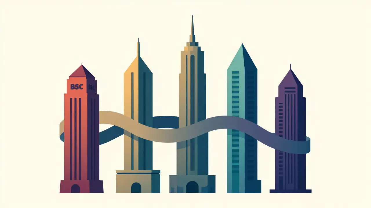 Stylized illustration of five pillars connected by a digital ribbon