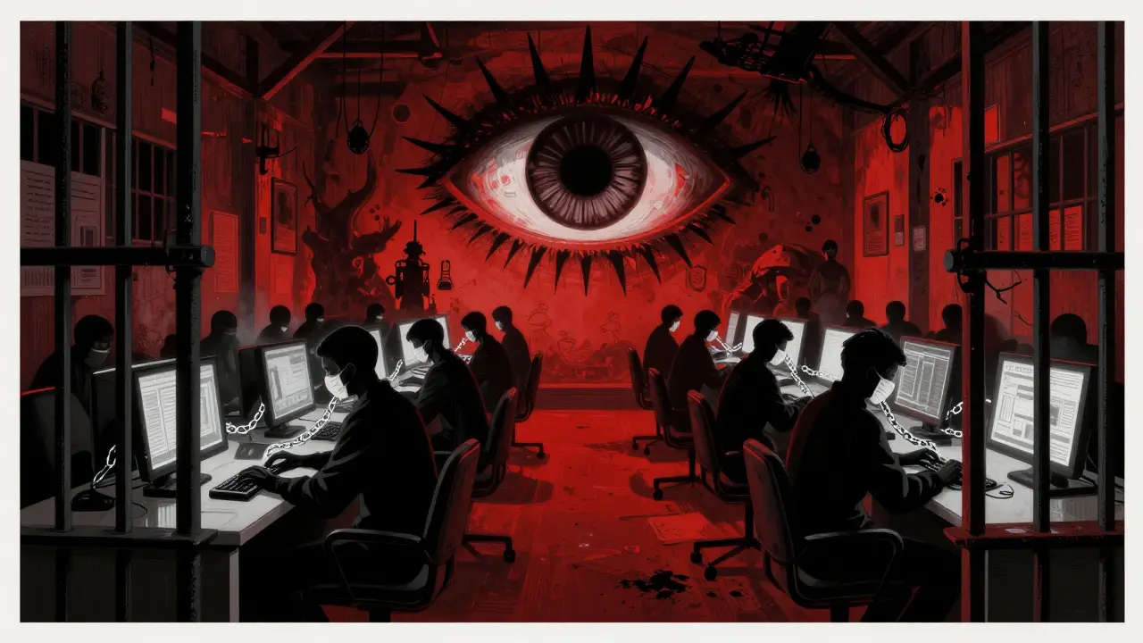 Stylized illustration of trapped workers in a dark scam center under surveillance.