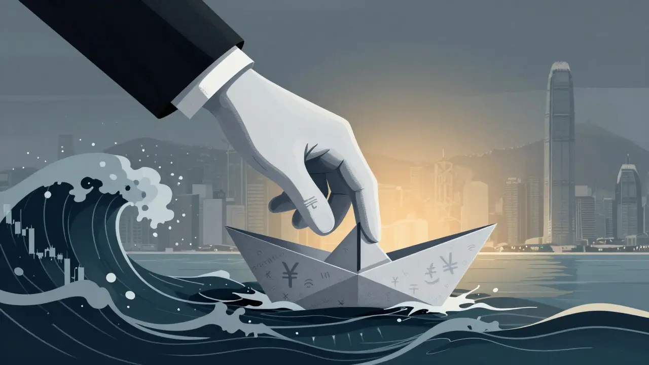 Suit hand pressing on boat amidst crashing chart waves