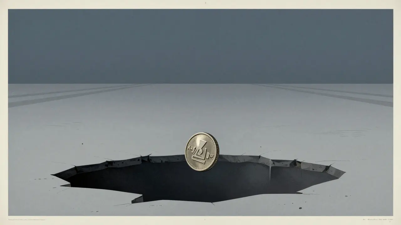 Symbolic art of a tiny coin floating over a void representing zero liquidity