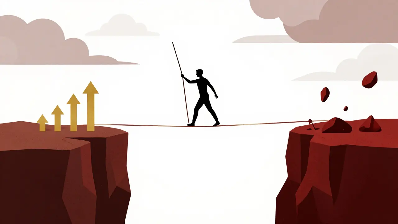Tightrope walker balancing on wire between profit and risk cliffs