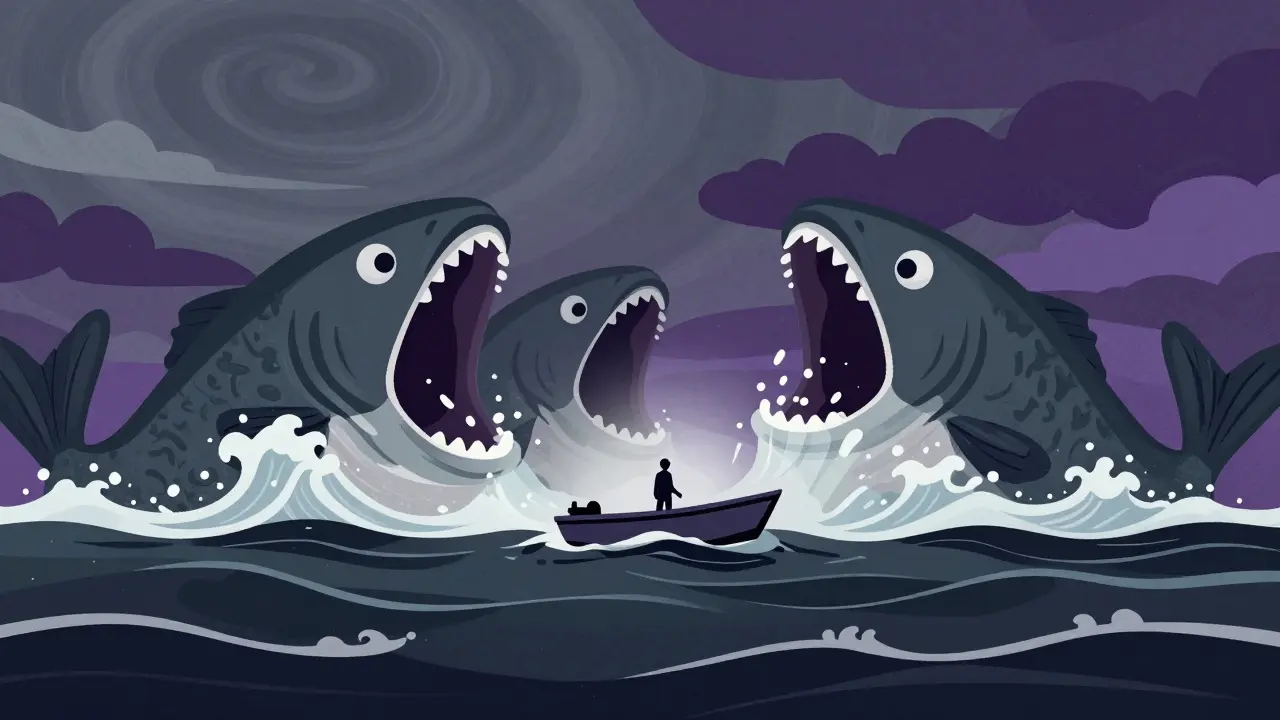 Tiny boat vs giant whale fish, symbolizing market risk