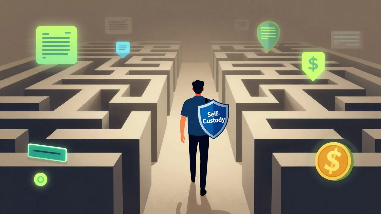 Trader navigating blockchain maze with self-custody shield
