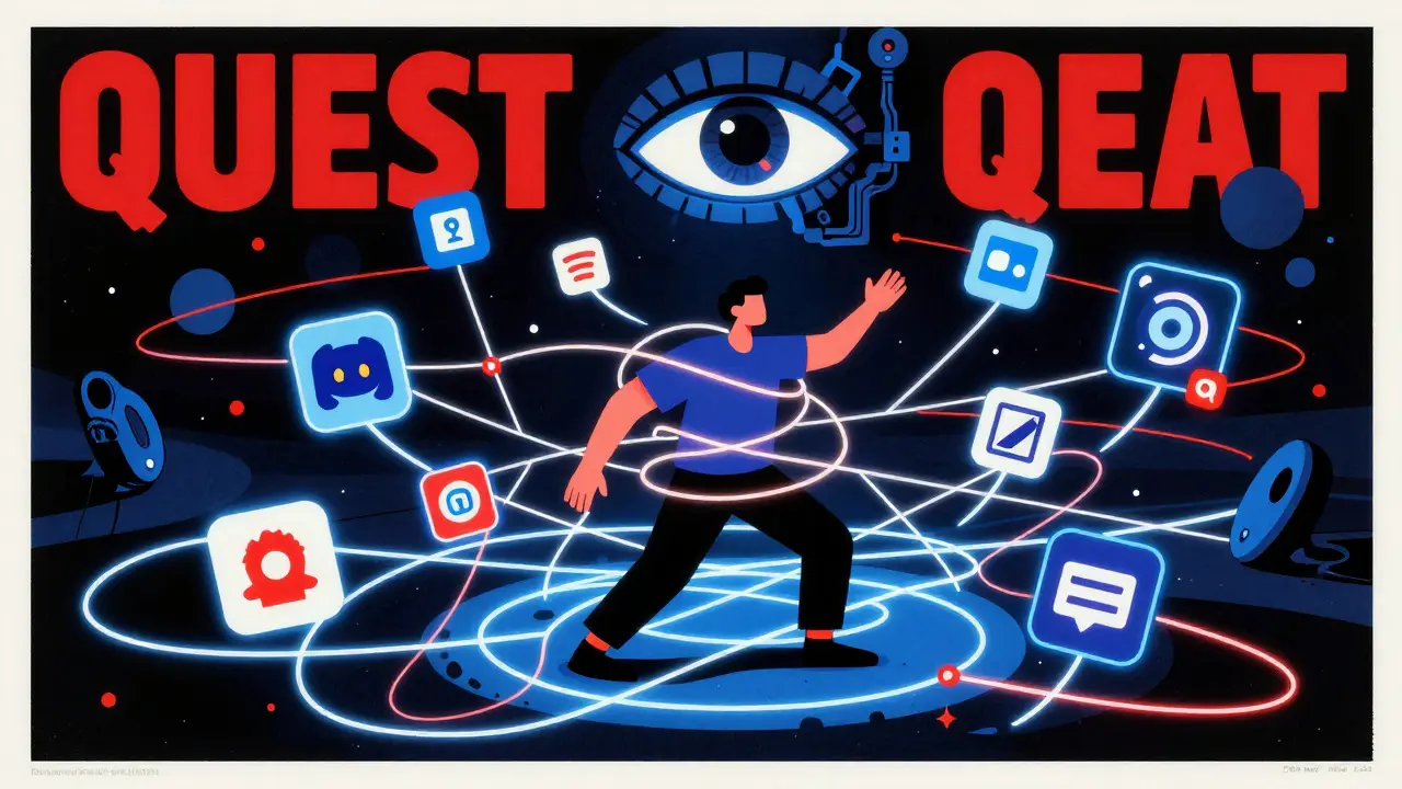 User trapped in AI quest web, surreal Polish poster illustration