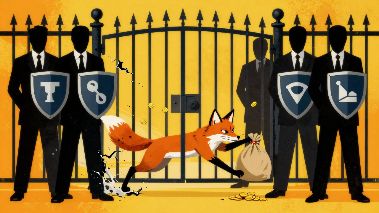 A fox slipping through a regulatory gate with gold coins, illustrated in a vibrant poster style.