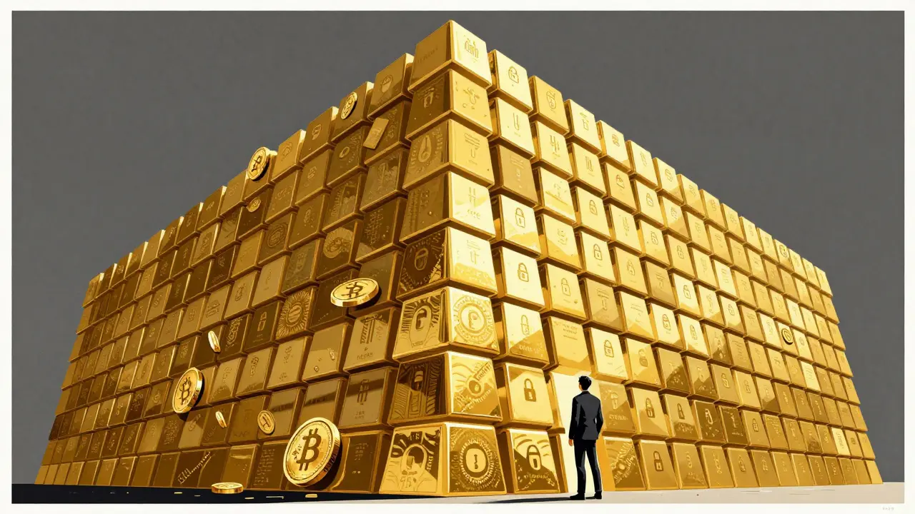 A massive wall of gold coins blocking an entrepreneur's path forward.