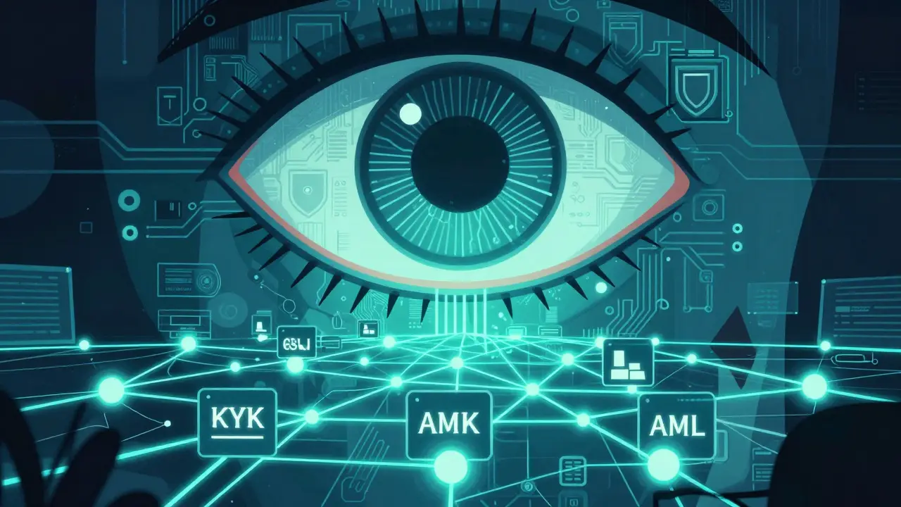 A mechanical eye scanning digital networks for security compliance.