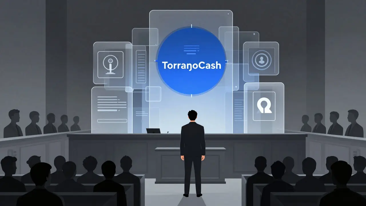 A stylized courtroom scene with a developer facing a jury, surrounded by digital structures.
