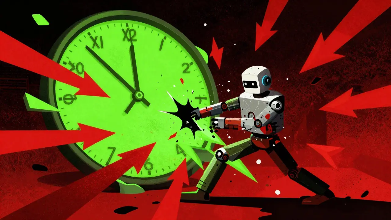 Abstract Polish poster showing a robot breaking under market volatility