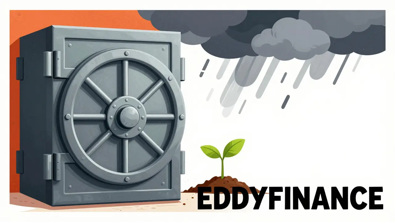 Abstract poster art combining a secure vault and storm clouds to depict cautious optimism in DeFi.