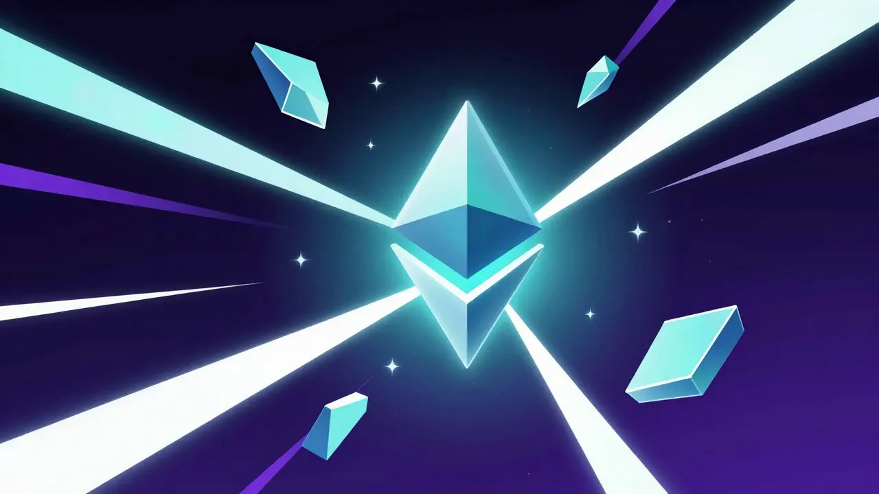 Abstract poster depicting data fragments connecting to a central node via light beams.