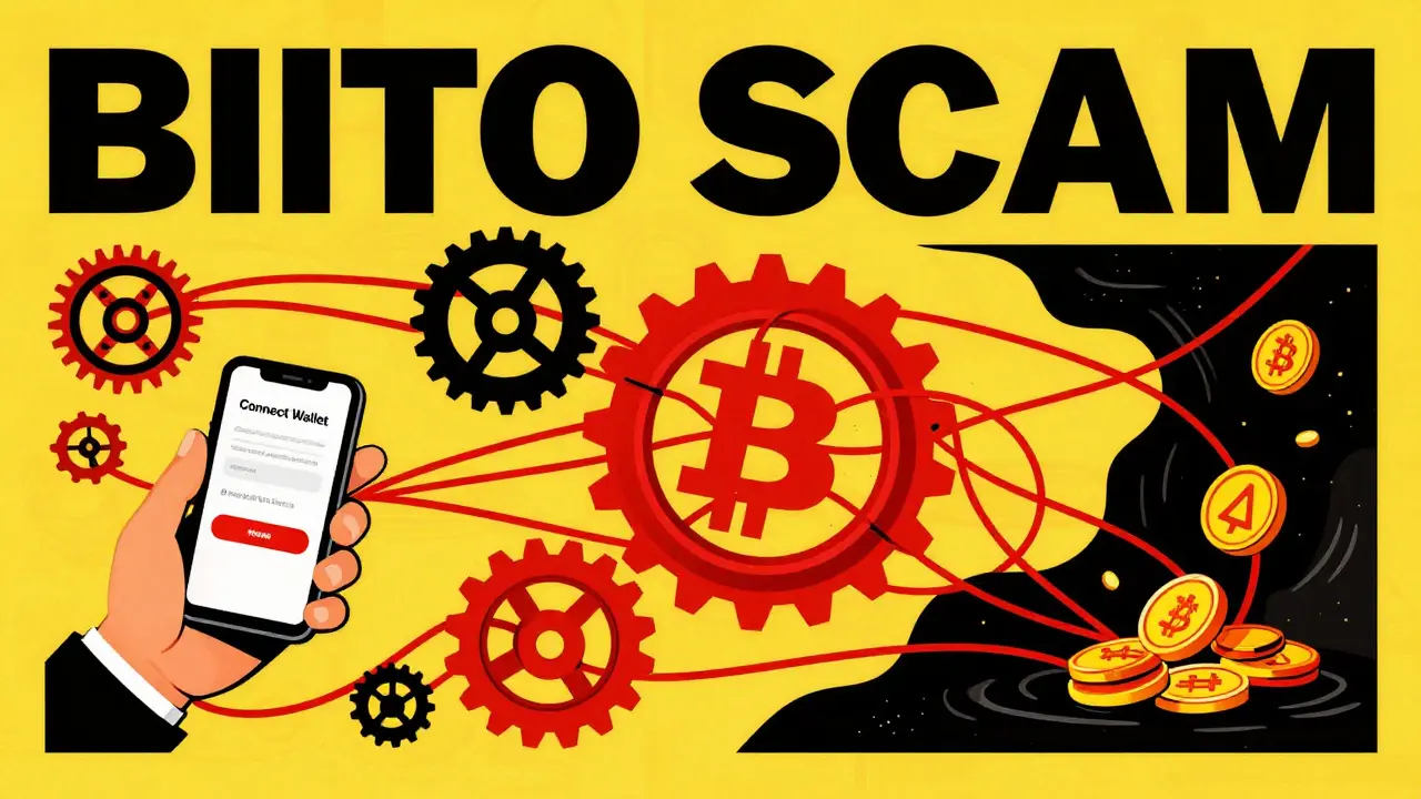 Abstract red gears draining coins from phone, illustrating crypto scam mechanics