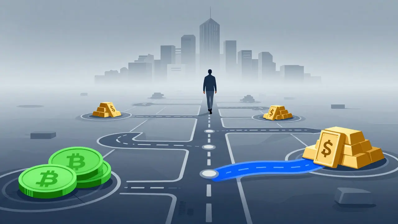 Abstract roadmap illustrating future crypto expansion and stability