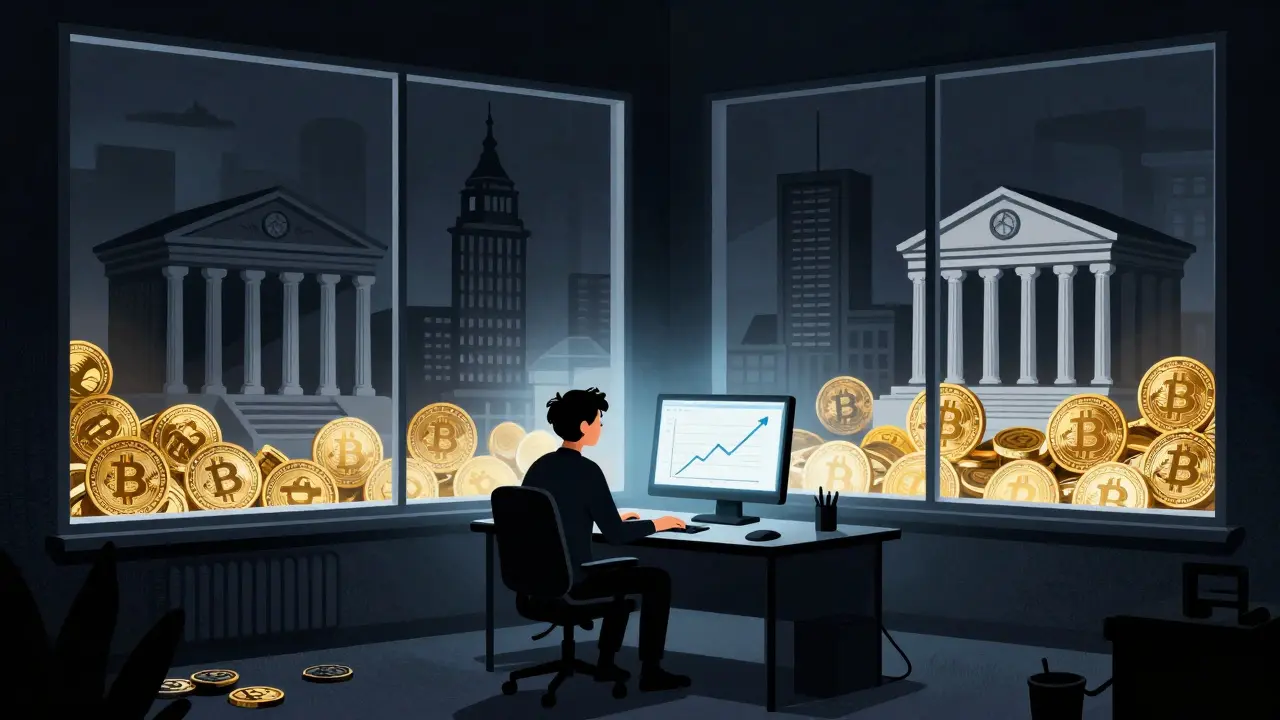 Artistic depiction of a founder protected from banks by crypto barriers