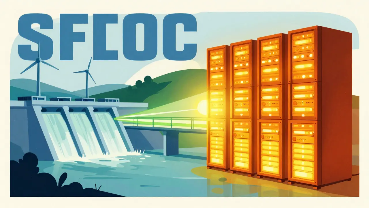 Artistic depiction of renewable energy powering data centers, highlighting sustainable mining trends.