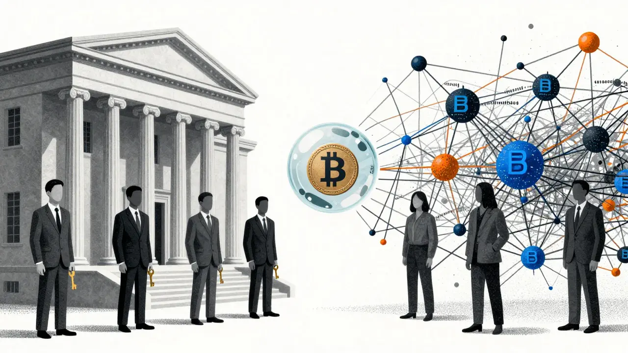 Centralized vs decentralized custody models shown as opposing forces