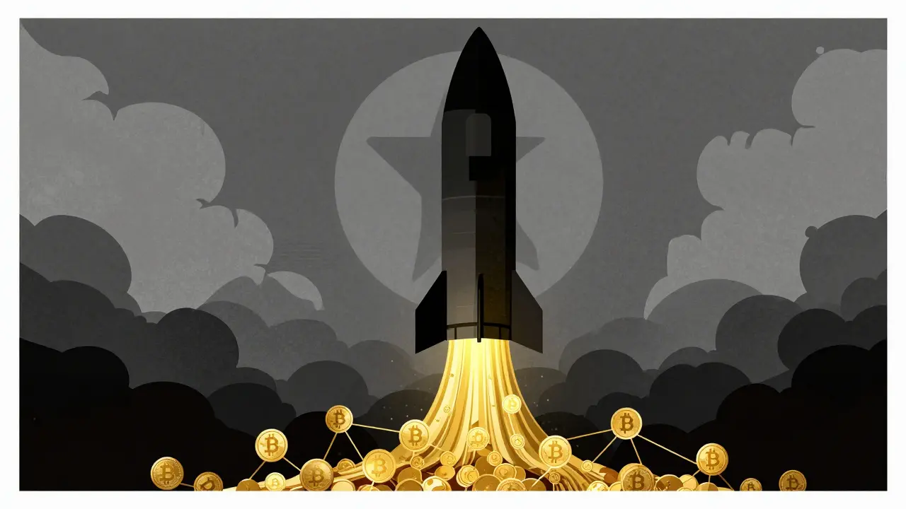Digital funds flowing into a looming missile silhouette