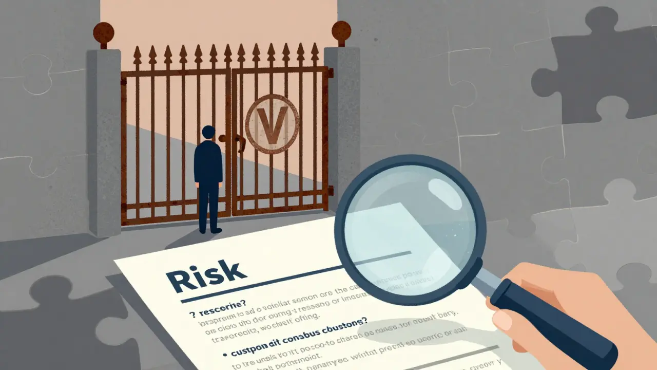 Figure at a rusted gate with a magnifying glass, symbolizing risk and lost funds