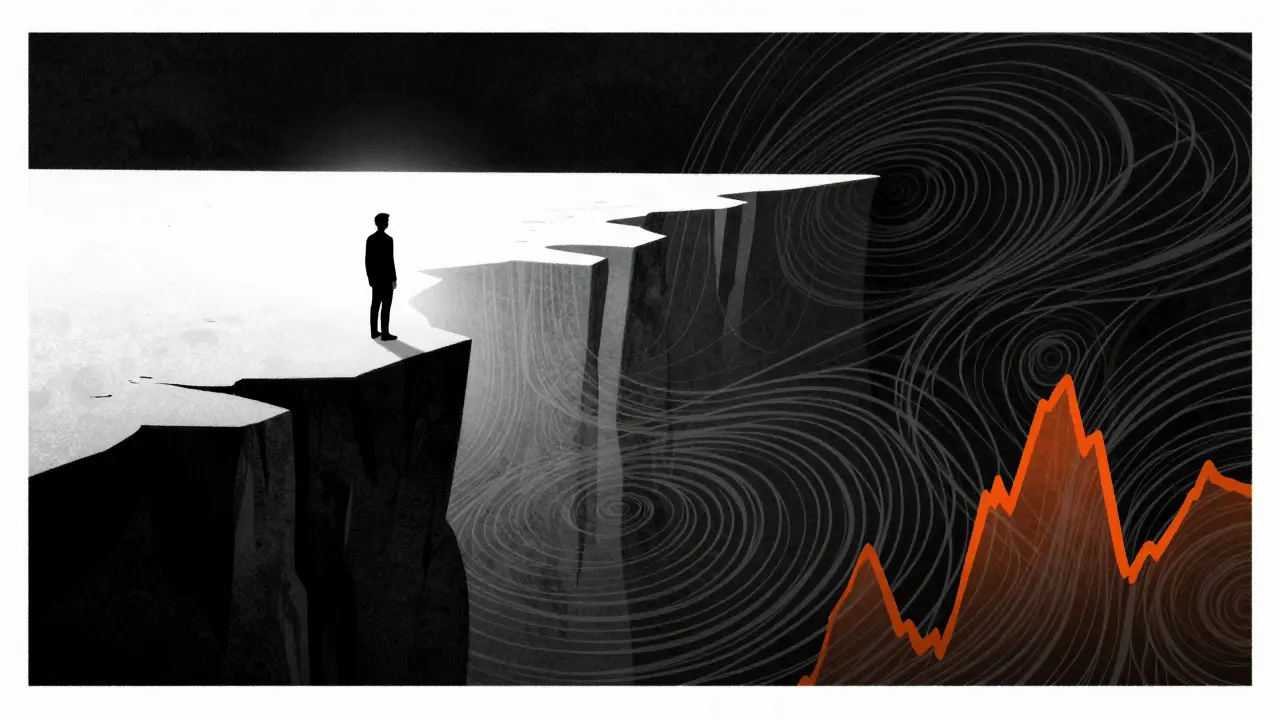 Figure facing a wide chasm, illustrating liquidity risks and slippage.